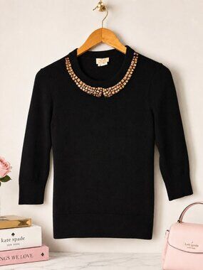 Kate Spade Avaline Sweater Jeweled Black Wool Cashmere Pullover Medium